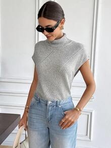 SHEIN Frenchy 女士纯色罗纹立领优雅毛衣背心 - 棕色 - 查看 14