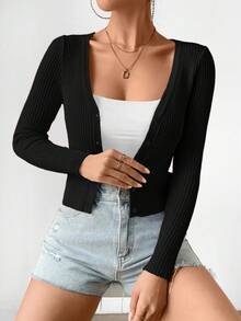 EURMUSE Casual Solid Color Fitted Cardigan For Women - Black - View 6