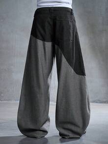 ROMWE MEN Men's Casual Everyday Commute Fashion Street Color Block Loose Wide Leg Jeans - Black - View 3