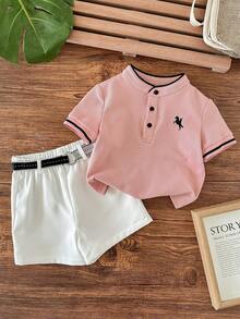 2pcs/Set Baby Boy Comfortable, Casual, Versatile, Everyday, Stylish, Minimalist, Preppy Style Red Stand-Up Collar Short-Sleeved T-Shirt, Polo Shirt, Knitted Top, White Shorts, Trousers, And Belt Multi-Piece Suit, Suitable For Spring And Summer Indoors, Outdoors, Daily Life, Sports, Play, Parties, Photo Shoots, Vacations, Festivals, Weddings, Full Moon Celebrations, Baptisms, And First Birthday Celebrations, Baby Shower. - Pink - View 5