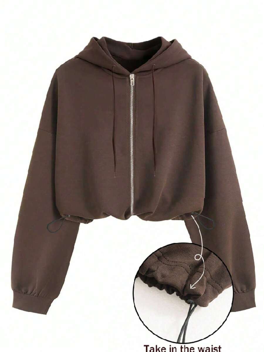 QUELARIE Plus Size Women Casual Drawstring Hooded Zip-Up Sweatshirt Jacket - Brown - View 1