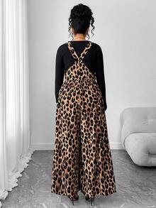 Elenzga Women's Multicolor Woven Fabric Leopard Pattern Unitard With Straps Pockets And Wide Legs - Multicolor - View 2