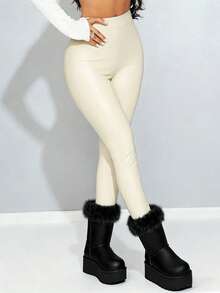 SHEIN 1 pieza Leggings de mujer de piel sintética, pantalones ajustados elásticos, tela de malla delgada, diseño de costura a la moda, adecuado para uso casual y deportivo - Blanco - Ver 7