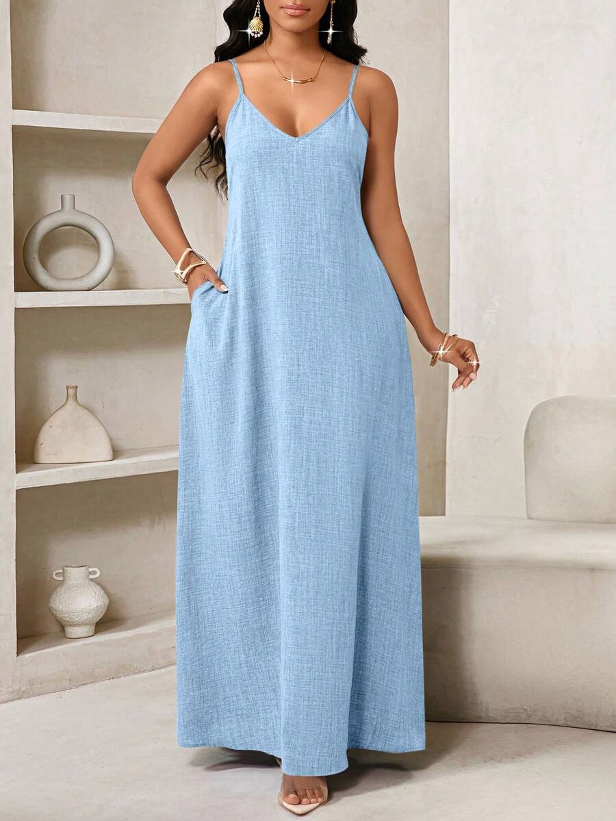 SHEIN Lady Đầm Maxi Rộng thùng thình cho Nữ Đầm Maxi Không Dây, Đầm Dự Tiệc Sinh Nhật & Sự Kiện/Đầm Ngày Lễ Trang Phục Kỳ Nghỉ Đầm Nữ Boho/Bohemia/Boho Quần Áo Nữ Áo Halter Top Quần Áo Phụ Nữ Châu Phi Đầm Nữ Đầm Nhiệt Đới Mùa Hè Cho Nữ Hàng Mới Về Đầm Nữ Đầm Đi Biển Đầm Phục Sinh / Đầm Phục Sinh Nữ / Trang Phục Phục Sinh Nữ - Màu xanh nhạt - Xem 1