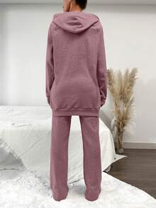 SHEIN Cottnline Women's Solid Color Raglan Sleeve Drawstring Hooded Sweatshirt And Pants Casual 2 Pieces Set - Rusty Rose - View 2