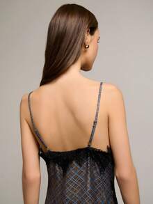 Nöista 蓝黑格纹蕾丝边吊带连衣裙，修身剪裁，不对称下摆。优雅女士连衣裙，完美适用于春夏约会、派对、晚宴和度假。 - 彩色 - 查看 6