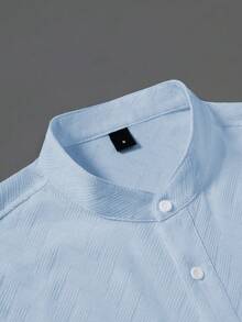 Manfinity CasualCool Men's White Casual Short Sleeve Mandarin Collar Button-Up Shirt - Blue - View 4