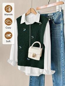 Modelyn 女士圆领刺绣纯色休闲毛衣背心，秋冬季款 - 墨綠色 - 查看 1