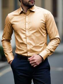 Manfinity Homme Plus Size Men's Casual Everyday Striped Front Button Long Sleeve Shirt - Orange - View 3