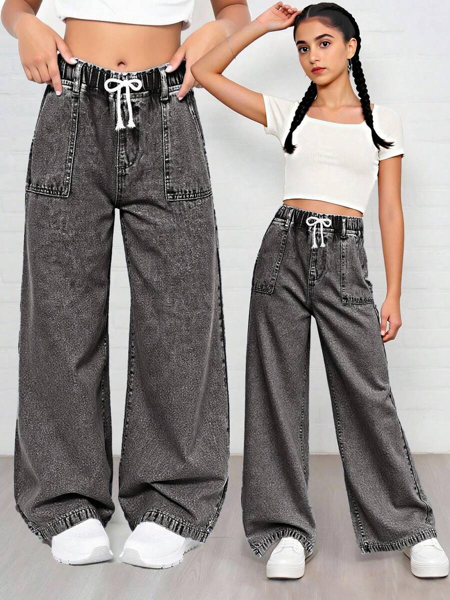 SHEIN ChillGRL Teen Girls' Light Blue Washed Denim Casual Versatile Comfortable Bow Decor Drawstring Elastic Waist Pockets Wide Leg Jeans Baggy Jeans Y2k Wide Leg Jeans Girls Y2k Wide Leg Denim Grey Baggy Jeans - Dark Grey - View 1