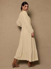 Freevana Plus Size Solid Color Minimalist Casual Round Neck Long Sleeve Dress - Apricot - View 5