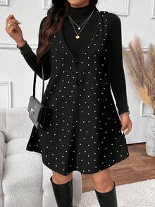 SHEIN Frenchy 大码女式两件套，优雅波点圣诞印花，适合秋冬季、新年、音乐派对等场合，黑色