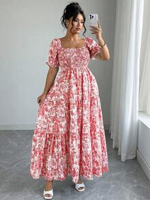 Elenzga Đầm nữ cỡ lớn thanh lịch cổ vuông họa tiết hoa nhí eo cao xếp nếp - Đỏ - Xem 5