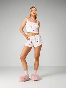 Missguided x Playboy 印花兔子爱心镂空吊带背心和短裤睡衣套装家居服 - 彩色 - 查看 4
