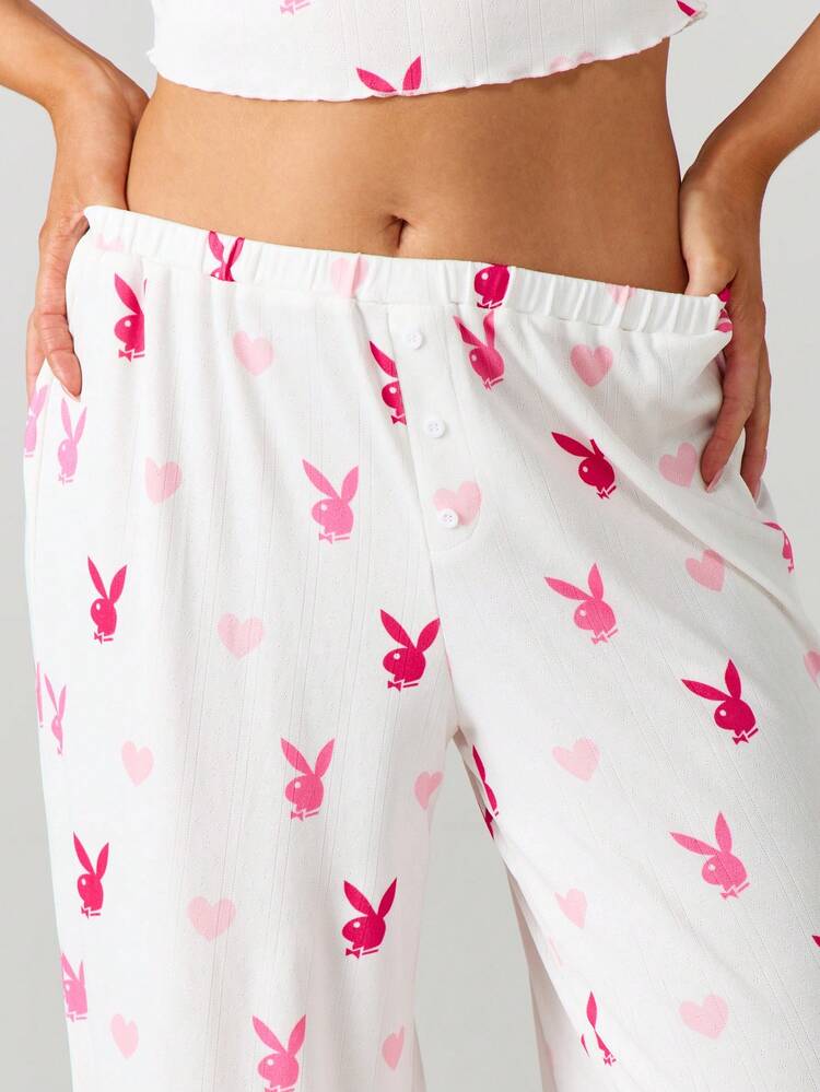 Missguided x Playboy Ribbed Pointelle Pajama Set With Bunny Hearts Print Long Sleeve Crop Top Wide Leg Pants Lounge Co-Ord