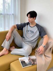 2pcs Teenage Boys' Casual Text Graphic Print Raglan Sleeve Short Sleeve Top And Pants Pajama Set - Light Grey - View 3