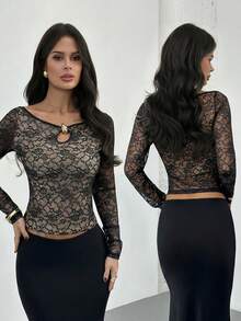 Firerie Women's Black Floral Lace Sheer Blouse,Seductive Night Out Autumn Boat Neck Metal Buckle Long Sleeve Elegant Party Date Top - Black - View 10
