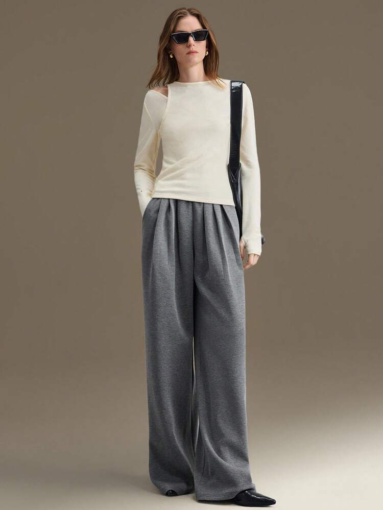 2026SS Women's Comfortable High-Quality Fabric Elastic Waist Pants With Front Pleats, Side Pockets, Straight Leg Design, Elegant Urban Casual Business Wear, Suitable For Office, Commuting, Airport Wide Leg Sweatpants Comfy Pants Flare Sweat Pants Grey Pants Loose Pants Street-Cool, High-End, Simple, Cool Motorcycle Style Workwear Comfortable For Women Minimalist Women Women Wide Leg Pants Modern Urban Casual Fashion Business Casual Women's Office Wear Low-Key Old Money Style