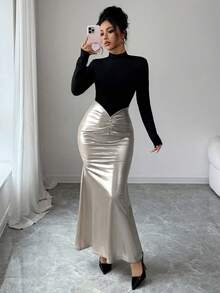 Elenzga 女士撞色领修身长裙 - 香檳色 - 查看 5