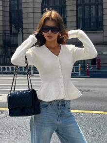 Dazy Tall Tall Women's V-Neck Waist Cinched Textured Fabric Long Sleeve Elegant Knit Top - Beige - View 4