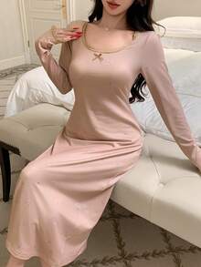 DAZY 碎花收腰中長款女款睡裙，女款居家休閒連身睡衣 - 卡其色 - 查看 3