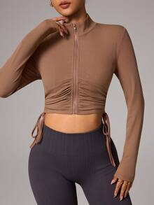 Sovereign Charm Women's Drawstring Design Fitted Zip-Up Sports Jacket - Khaki - View 3