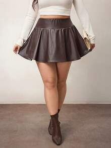 Enliva Plus Size Ladies Brown Faux Leather Mini Skirt With Built-In Shorts And Pockets, For Apple Rounded Body Shape - Chocolate Brown - View 3