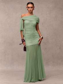 SHEIN BAE Women's Solid Color Oblique Shoulder Ruched Flounce Design Elegant Dress - Mint Green - View 6