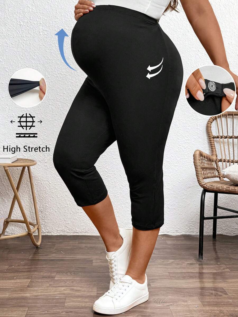 SHEIN Quần dài lửng 3/4 dáng ôm, màu trơn, cạp chun điều chỉnh được, thích hợp mặc mùa hè và đi làm. - màu đen - Xem 1