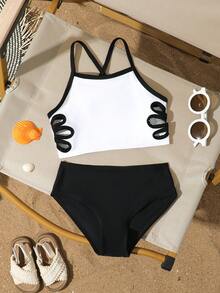 1件套少女黑白弹力速干舒适针织泳衣，镂空花卉设计，适合海滩、泳池、海边、冲浪、度假、夏季穿着。高腰泳衣套装，黑白泳装，黑白两件式泳衣比基尼套装，高腰黑色女童泳衣，两件式泳衣，女童高腰泳衣，夏季两件式泳衣套装，青少年泳衣。 - 黑與白 - 查看 4
