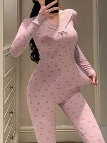 DAZY 2pcs Lace Patchwork Ditsy Floral Ruffle Trim Fitted Long Sleeve Top And Pants Pajama Set, For Women, Autumn/Winter - Pink - View 6