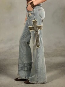 ROMWE Grunge Punk 女士口袋做旧十字铆钉贴片设计休闲百搭度假旅行喇叭牛仔裤 - 藍色 - 查看 1