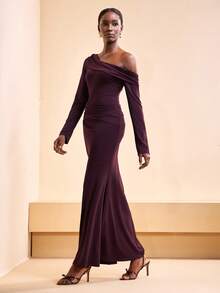Zivah Women's Elegant Dark Purple One Shoulder Maxi Dress,Autumn Dining Asymmetric Long Sleeve Wrap Ruched A-Line Gown For Wedding Guest,Party,Office Wear - Burgundy - View 4