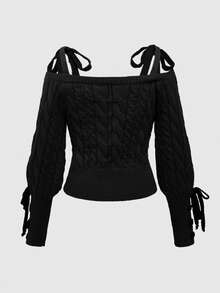 ROMWE Kawaii Áo khoác cardigan lửng hở vai tay đèn lồng dễ thương và ngọt ngào dành cho nữ - màu đen - Xem 2