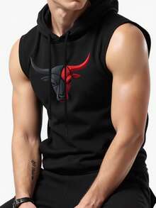 Gym Rark 男士休闲牛头印花抽绳连帽背心，夏季无袖连帽衫，健身连帽衫，哥特风健身服，男士压缩衣 - 黑色 - 查看 3