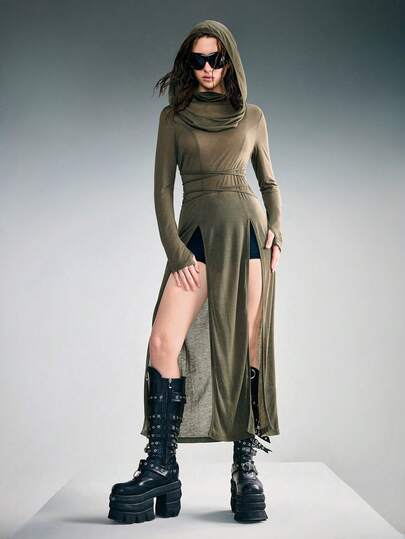 Grunge Punk Y2K Millennium Retro Apocalyptic Hooded Plunging Neckline High Slit Dress