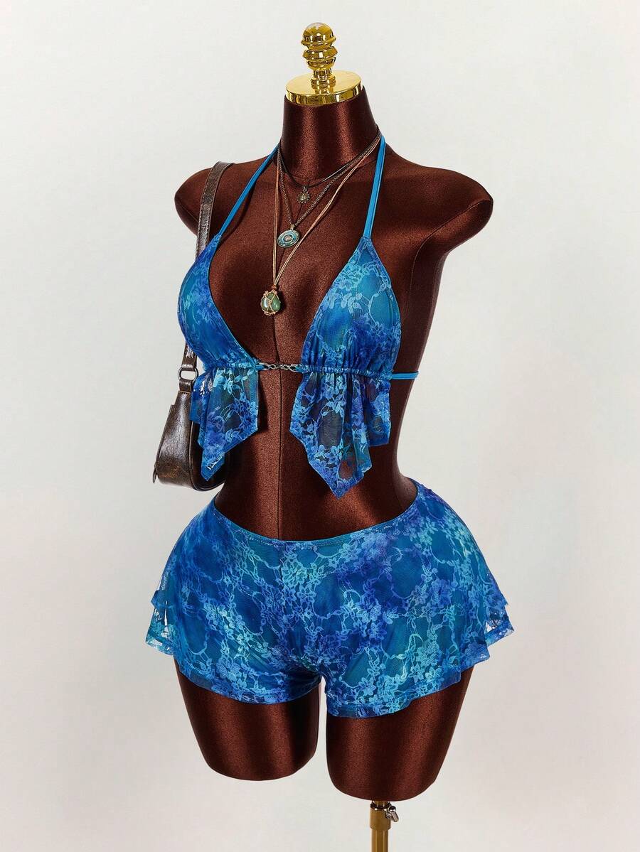 Amplova 女士春季新款蕾丝渐变图案低胸吊带背心和低腰短裤套装