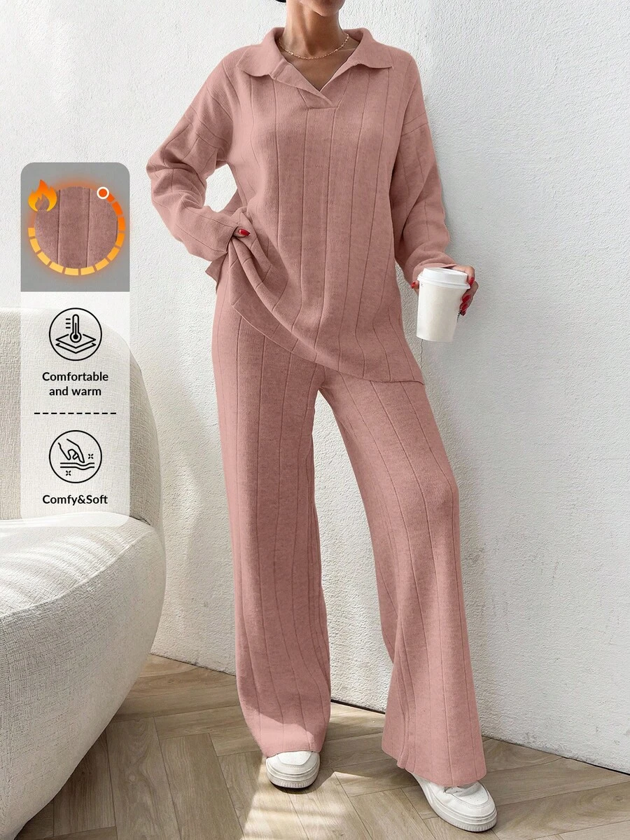 EURMUSE 2pcs Solid Color Ribbed Polo Neck Loose Fit Ribbed Sweaters - Dusty Pink - View 1
