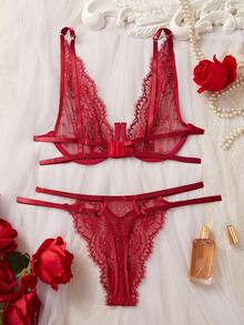 SHEIN 2 件装镂空深 V 性感蕾丝内衣套装 - 酒紅色 - 查看 2