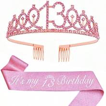 2pcs/Set Birthday Sash Birthday Crown Number Princess Crown Queen Tiara Rhinestone Birthday Headbands Birthday Sash With Pin Happy Birthday Crown And Sash Ribbon For Birthday Party Ball Decoration,Christmas - Multicolor - View 7