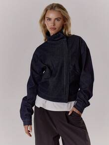 MUSERA Denim Funnel Neck Jacket Streetwear Cool Casual Going Out Night Out Sexy Winter Everyday  Valentines Spring - Navy Blue - View 5