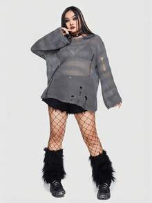 ROMWE Grunge Punk Plus Size Striped Pattern Sheer Distressed Long Sleeve Pullover Sweater - Grey - View 4