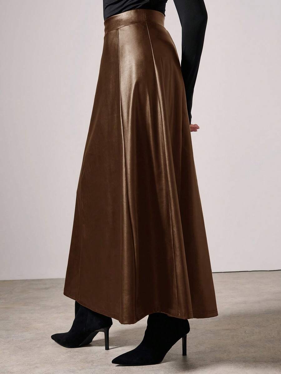 COSMINA Damen eleganter Schirm-Saum Langrock aus PU-Leder, Herbst/Winter - Kaffeebraun - Übersicht 1