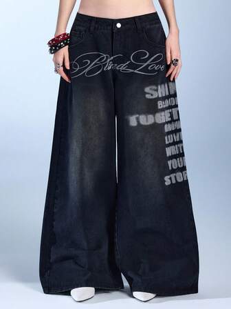 ROMWE Avant Vaqueros desgastados de pierna ancha para mujer con estampado de eslogan en inglés con bloques de color