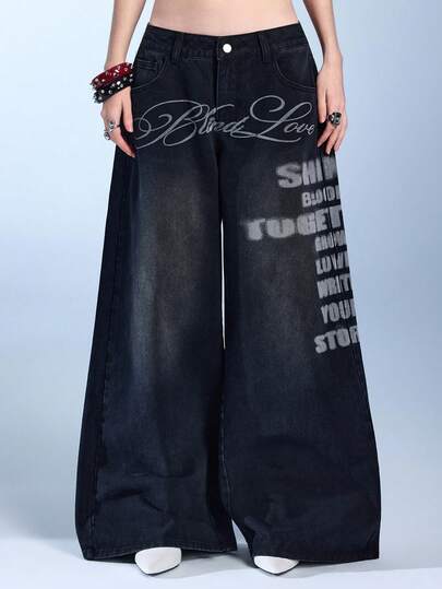 ROMWE Avant Jeans à jambes larges délavés pour femmes avec impression de slogan anglais en blocs de couleurs