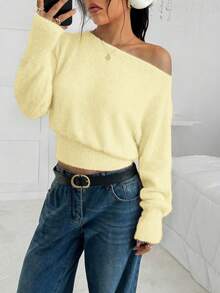 SHEIN EZwear 新款简约柔软可爱浅黄色毛衣，女士纯色不对称领休闲长袖套头衫，适合外出、万圣节、圣诞节和其他秋季场合。 - Butter Yellow - 查看 5