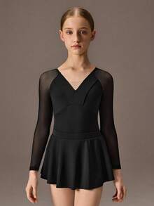 Bộ đồ múa ba lê 2 món cho bé gái tuổi teen - Áo liền quần dài tay bằng vải lưới + váy, chất liệu co giãn cao, ôm sát, thoải mái cho việc tập luyện hàng ngày và biểu diễn ba lê. - màu đen - Xem 1