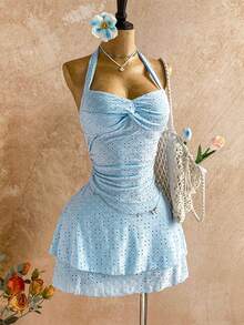Soleia Đầm bodycon xếp ly lưới thêu màu trơn buộc dây phía trước cho kỳ nghỉ hè của phụ nữ - Màu xanh nhạt - Xem 7