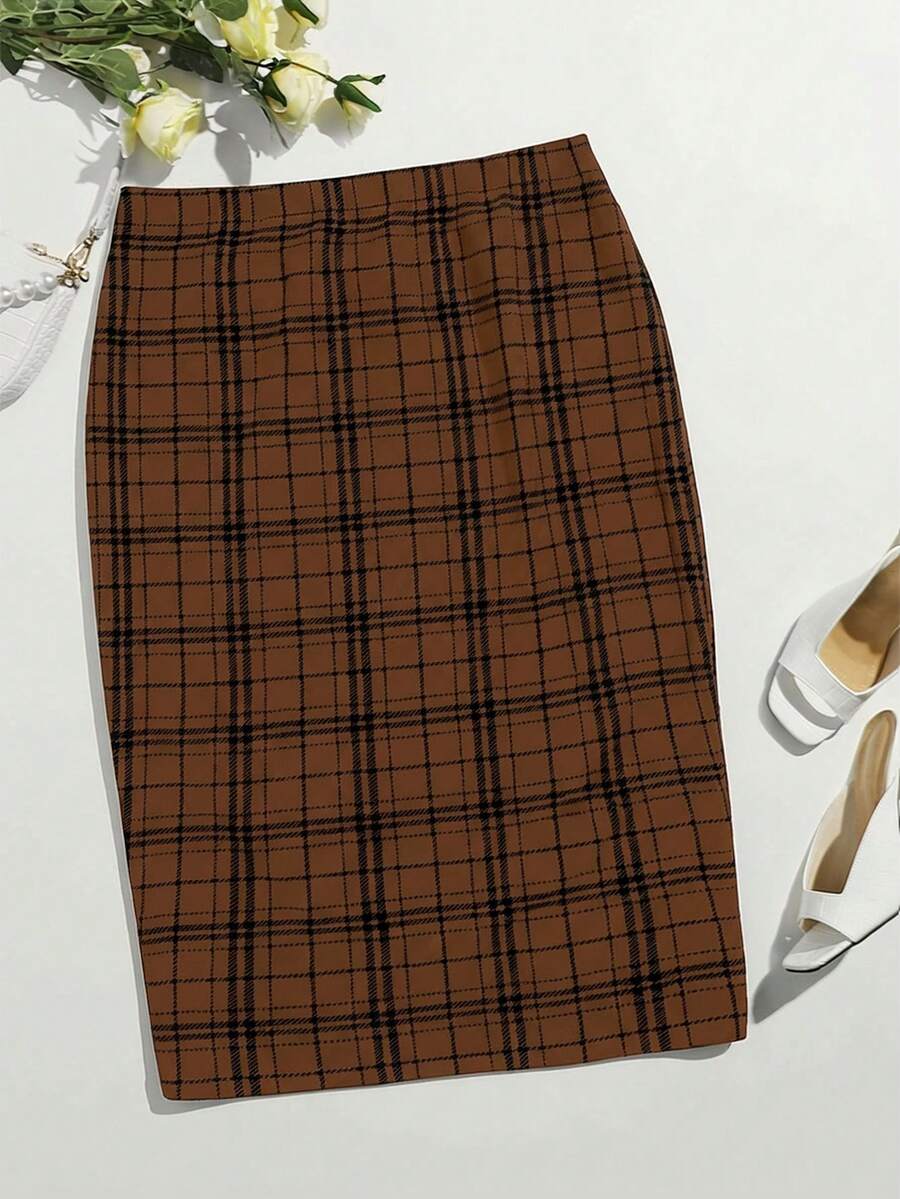 SHEIN Clasi 大码女式格子优雅修身半身裙 - 棕色 - 查看 1