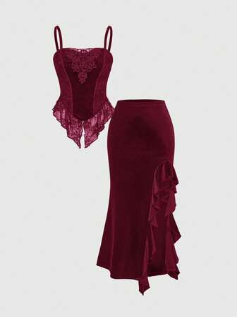 Goth Top de camisola de contraste de encaje de terciopelo oscuro de Halloween combinado con falda de sirena